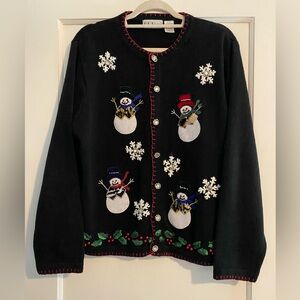 Vintage B.P. Design Black Beaded Snowman Ugly Christmas Sweater Size XL